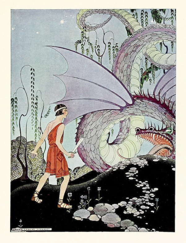 A woman stands with a sword while confronting an open-mouthed dragon.