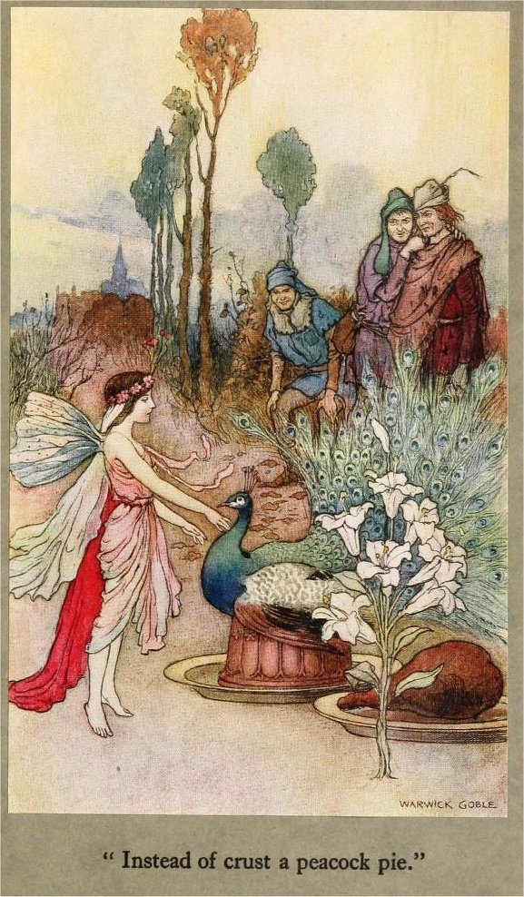 A fairy holds her arms out to a peacock while three bystanders watch in the distance.