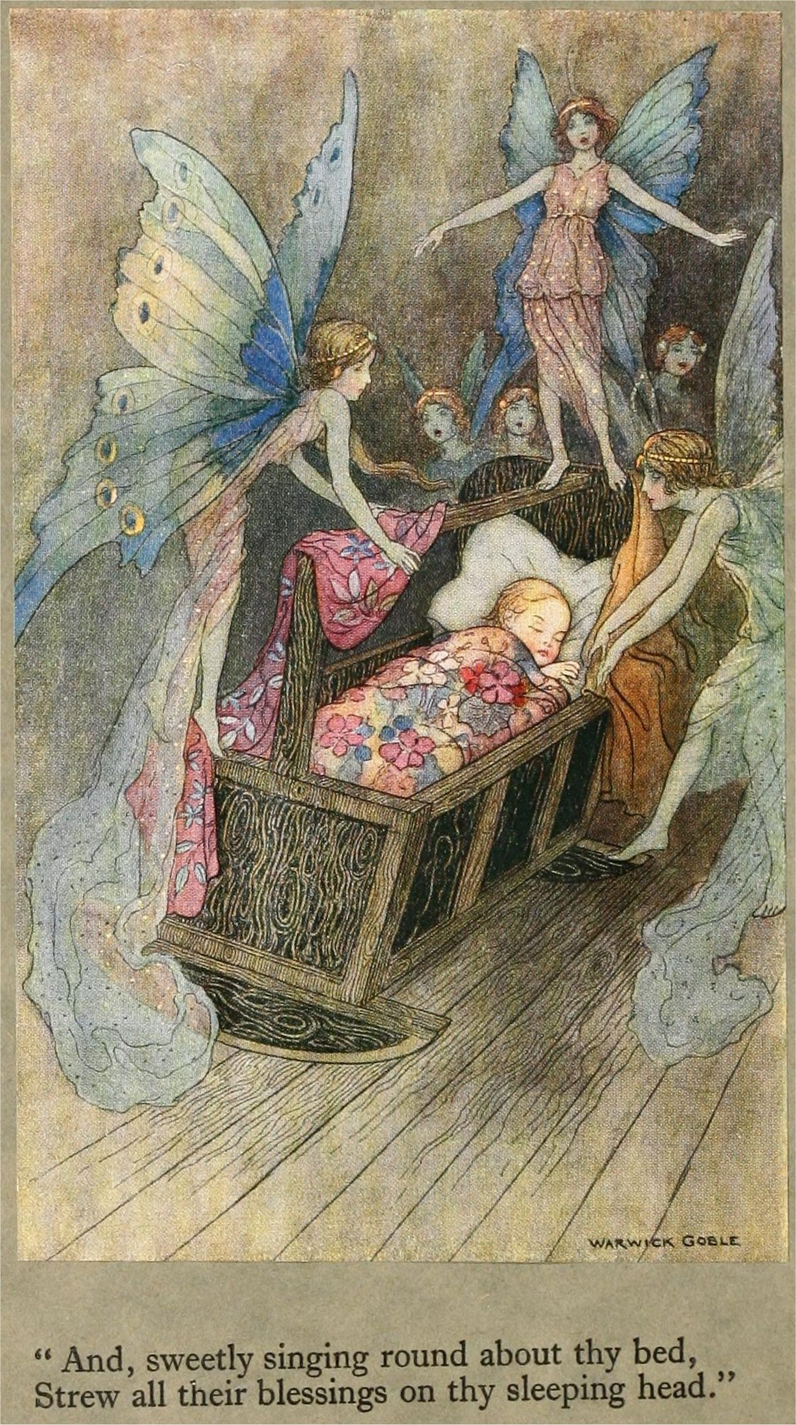 A group of fairies surround a baby who lies in a bassinet.