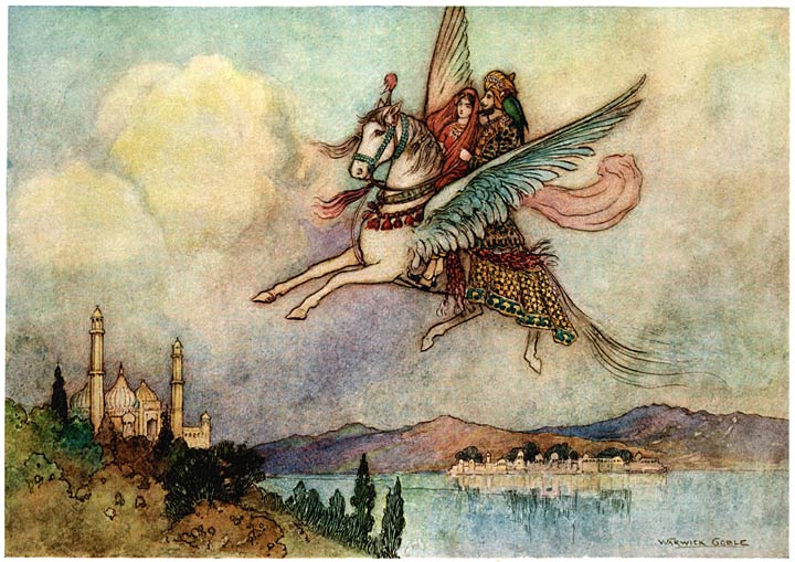 A man and woman fly together on a winged horse in the sky over the tops of palaces and mountains.