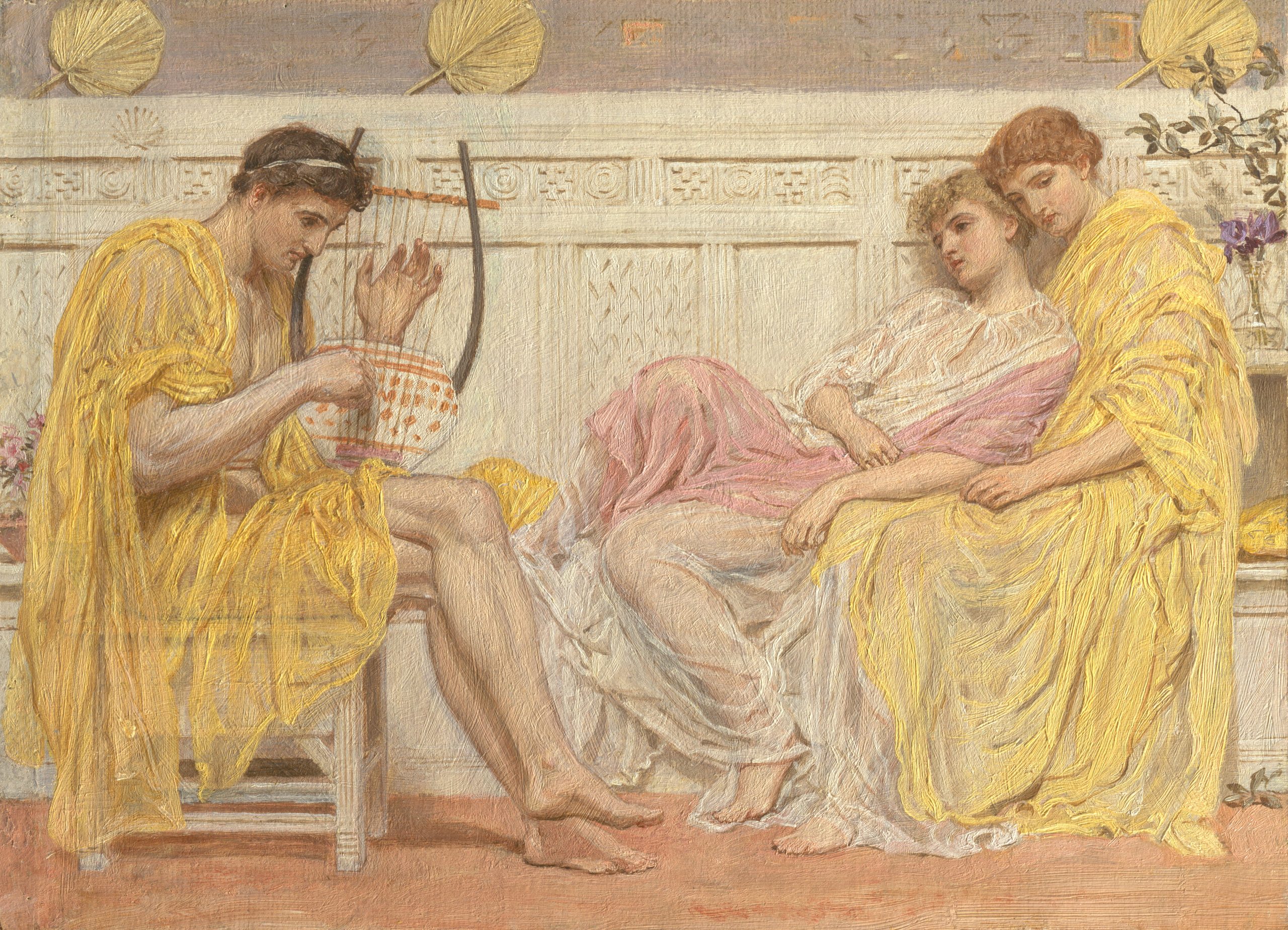 Two figures listening to a musician play a stringed instrument