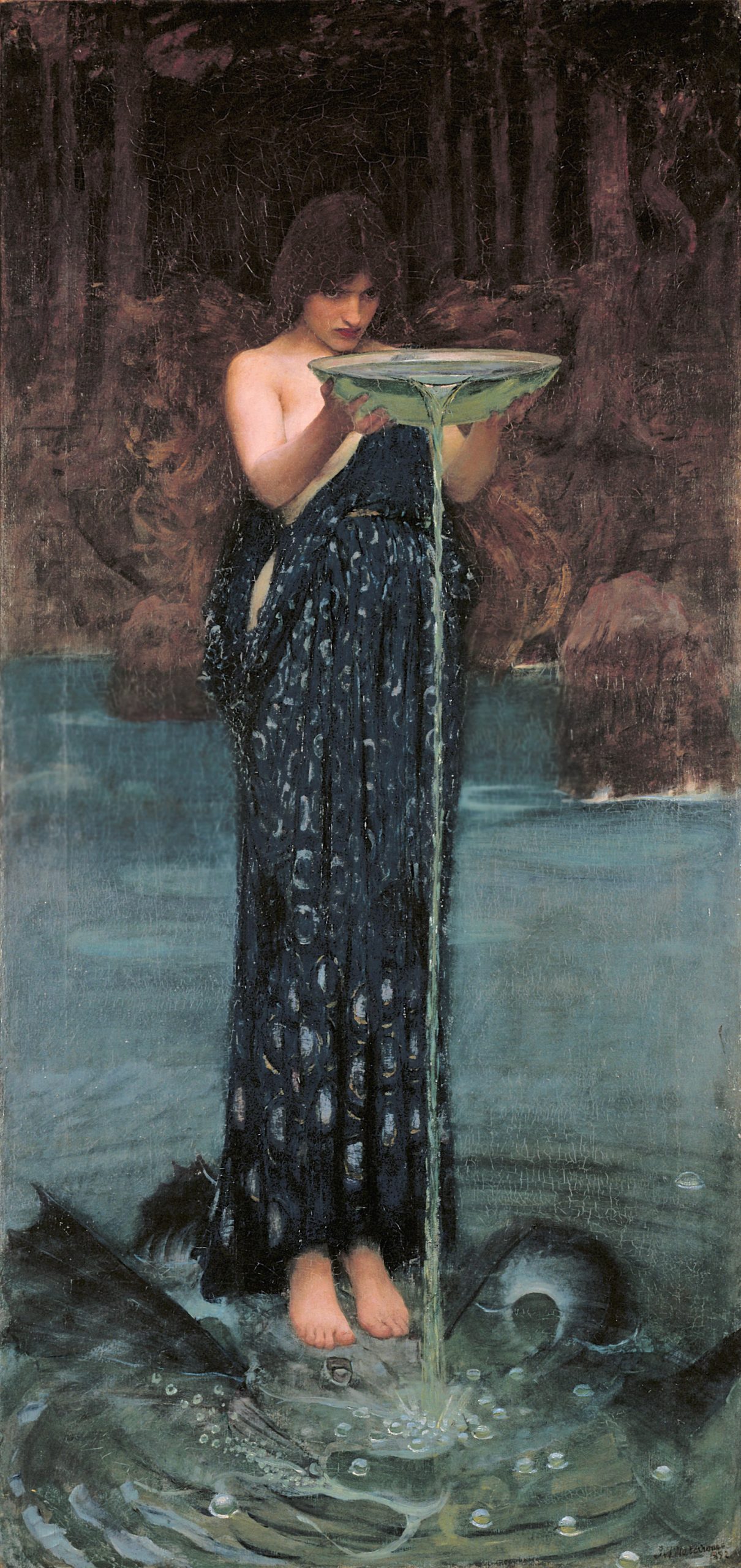 A painting of a woman holding a basin of water in her hands as it pours out. She is standing in what it looks to be a cave with shallow water. The woman is wearing a dark blue dress with a faint pattern.