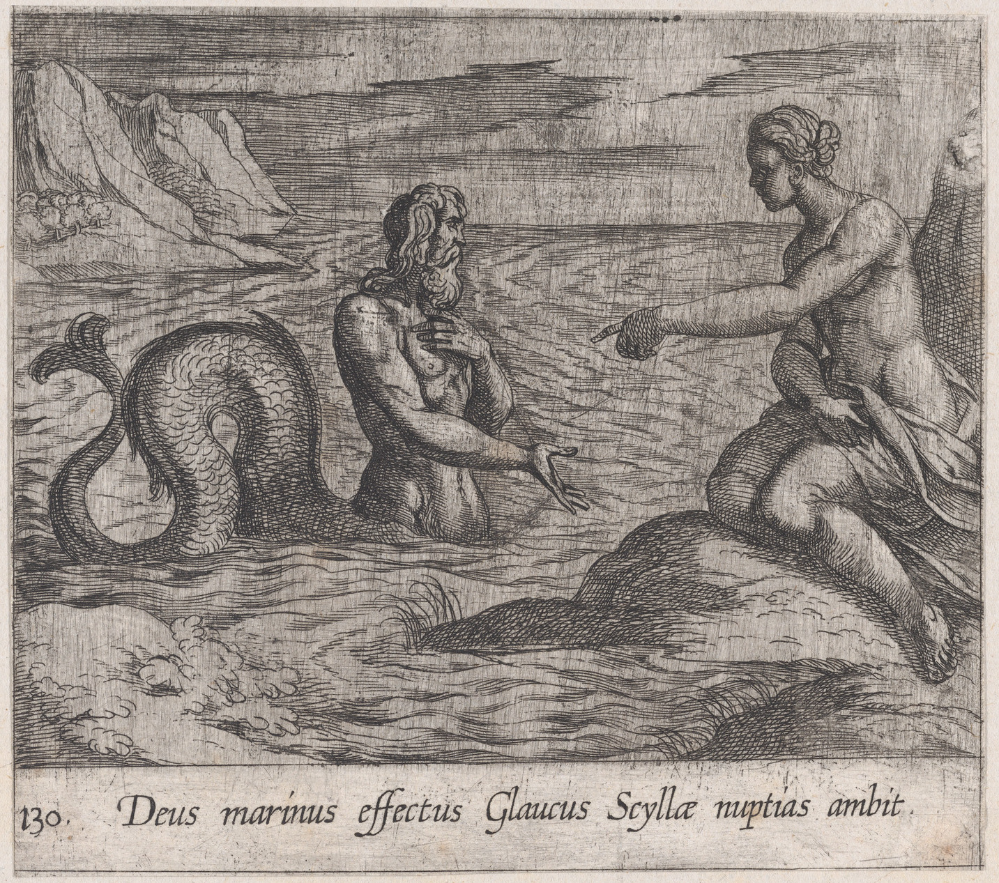 Am etching of a mythological sea monster that resembles part human on the upper half from the torso. There is human sitting on a rock across from this sea creature with one hand outreached in their direction.