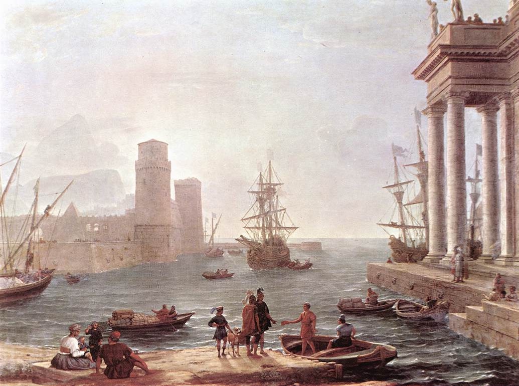 A painting of men at a hazy and misty port. There is a large sail boat in the distance.