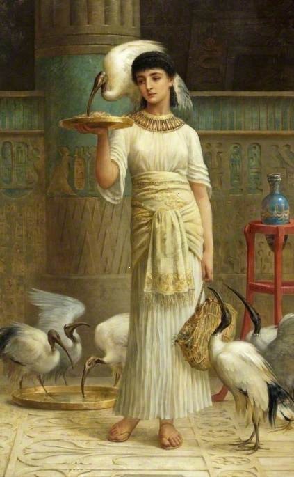 A painting of a holding a golden tray feeding an Ibis with other fellow Ibis standing around.