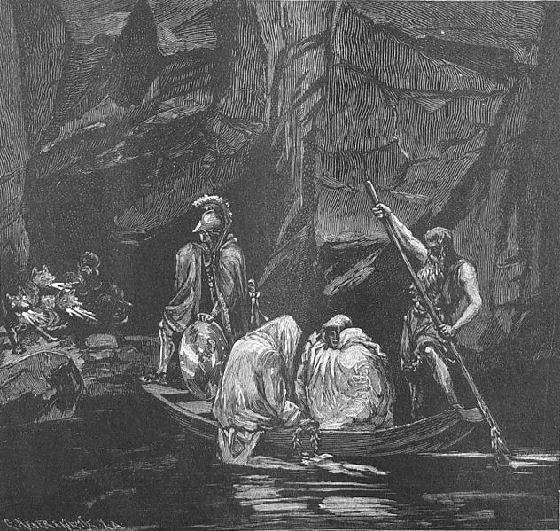 An illustration of four men sitting in a tiny row boat. The area they are in is rocky. They are coming ashore to a rocky ledge.