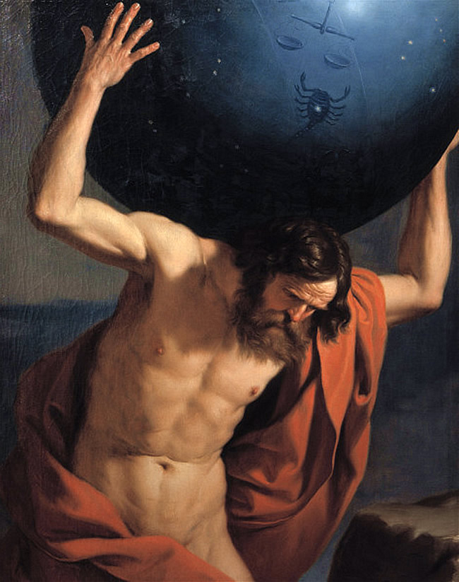 A man carrying a giant globe on his back
