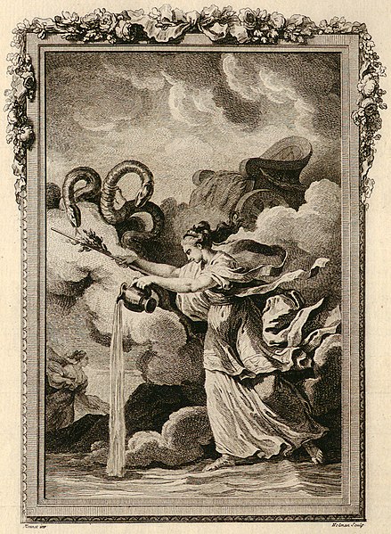 An etching of a woman in the clouds pouring water out of a vessel. There is a chariot in the background and a serpent above her head.