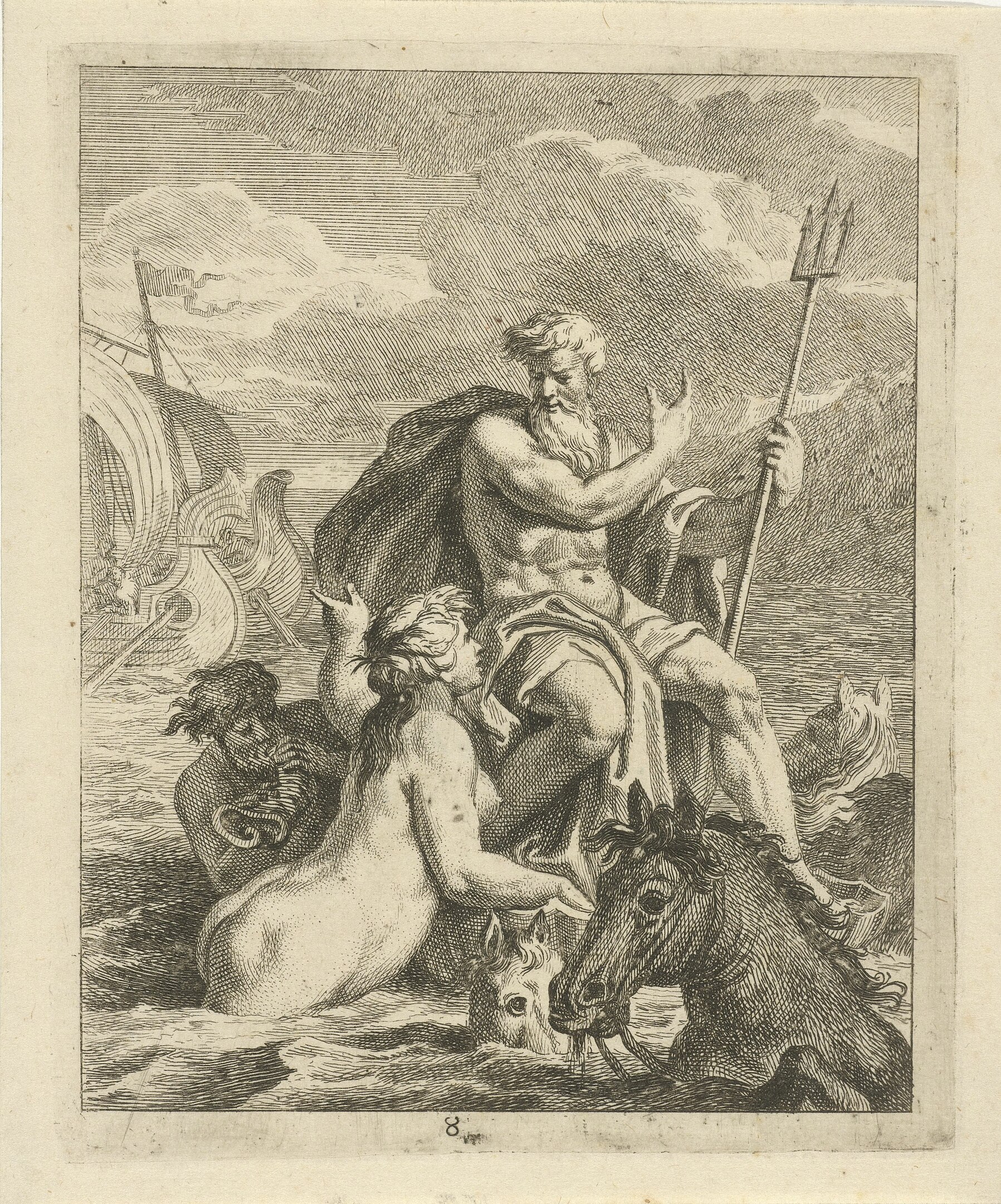 A man seated on a rock in the ocean listens to a creature speaking to him as he is surrounded by horses and ships