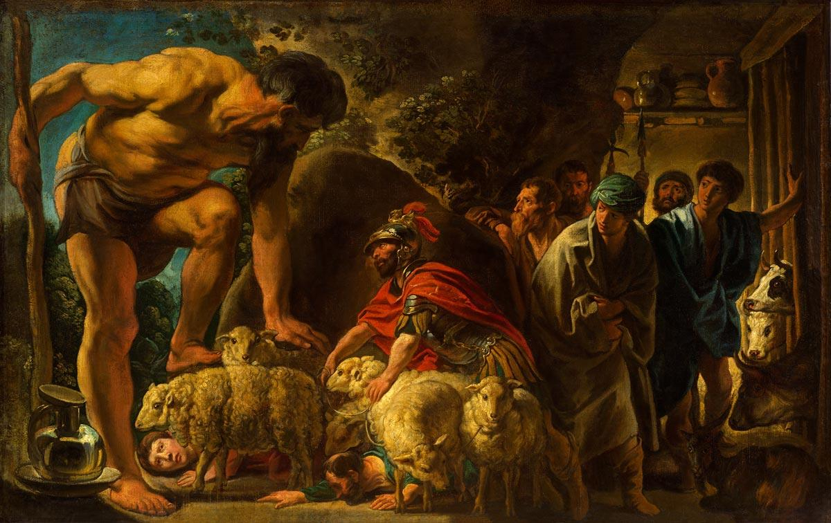 A painting of a giant hunched down looking in cave full of Roman soldiers hidden among sheep.