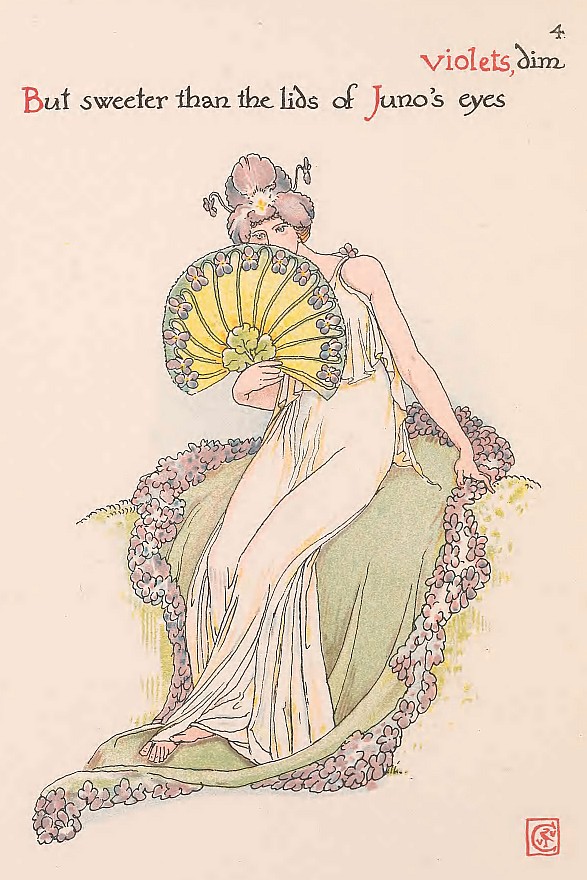 An illustration of Juno holding an intricate fan. Juno is adorned with a white slip sitting on a bed of flowers.