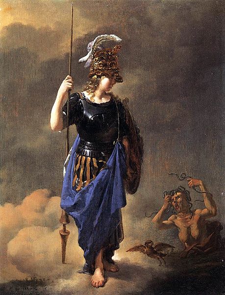 A painting of Athena facing away from Invidia. They are both depicted in the clouds