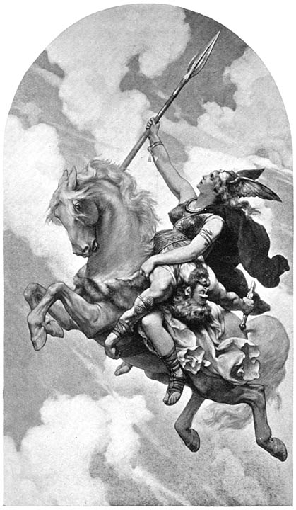 A goddess riding a horse in the sky while raising a spear