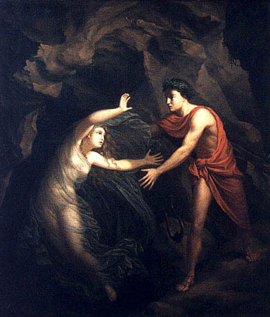 A painting of two figures. One a appearing to be a woman and one appearing to be a man. The woman is being pulled into a dark cave by a unknown power. The man reaches out to try and save her. The painting is dark in nature as it is set in a cave.