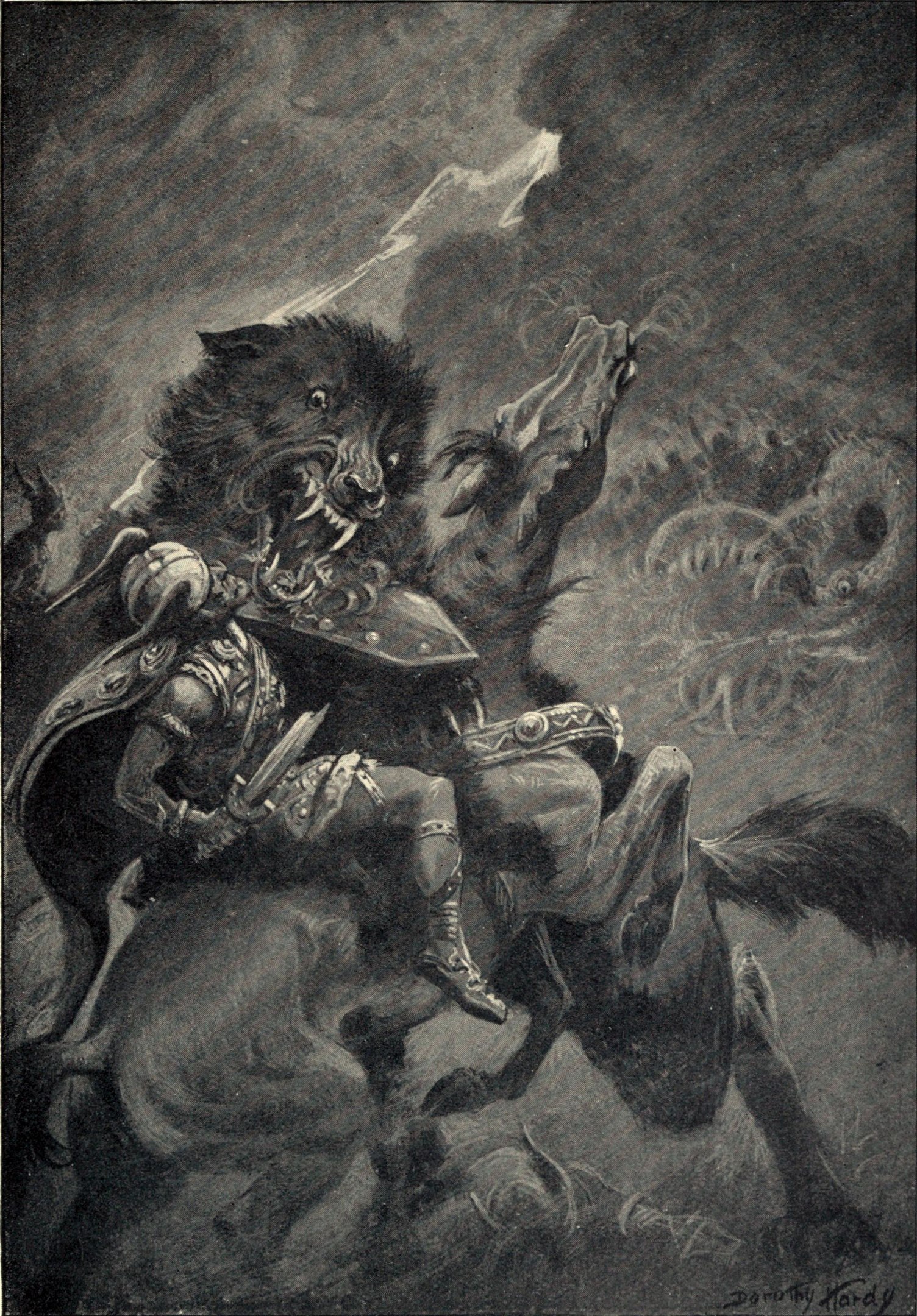 A god on a horse battling a ferocious beast