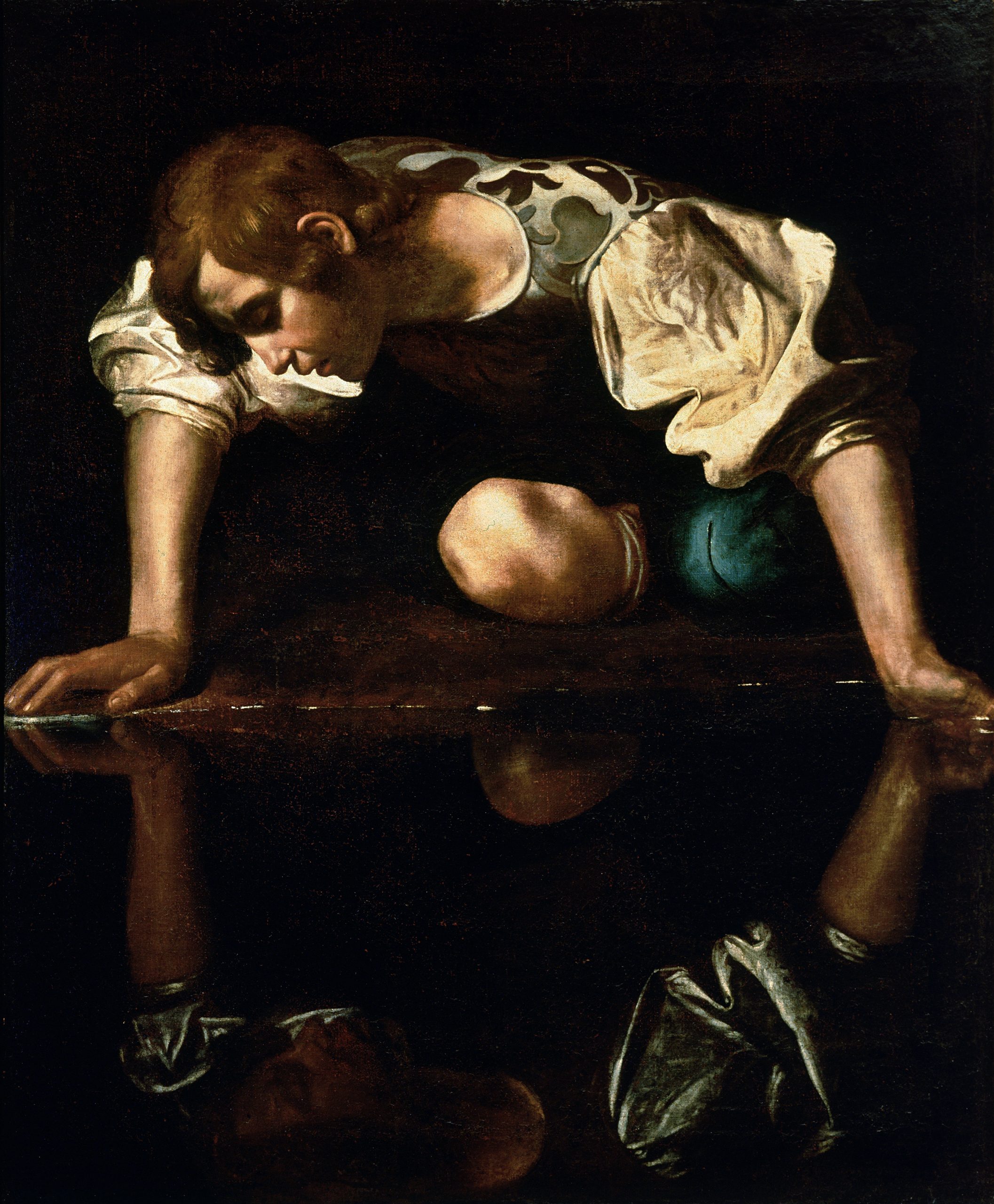 A painting of a man looking admirably at his reflection in a puddle.