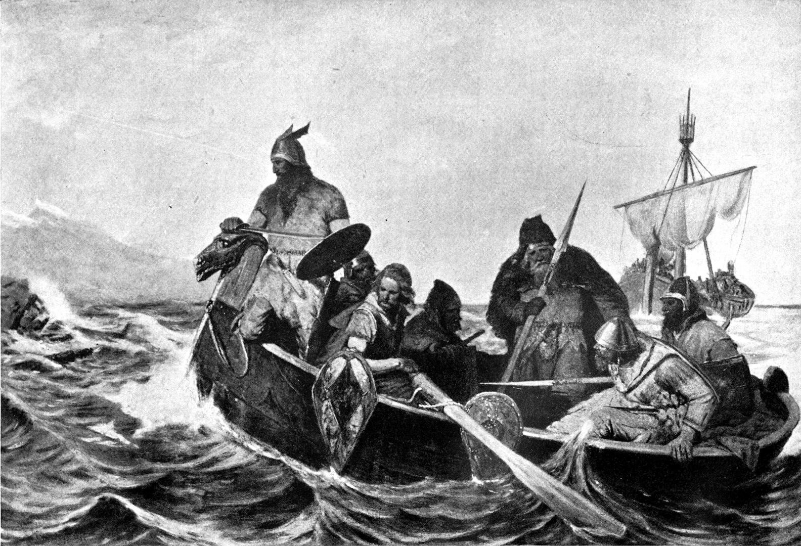 Norsemen in a ship in the ocean
