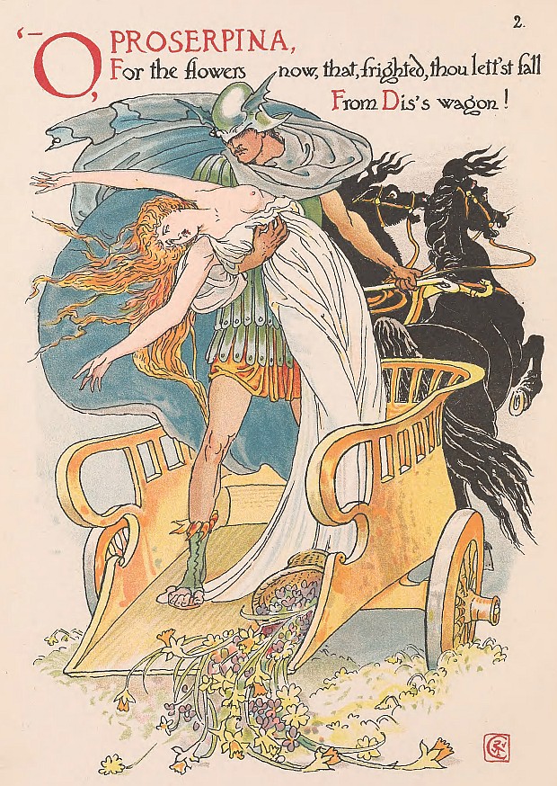 An illustration of a knight in a golden chariot holding a woman in an embrace, almost as if she's falling from his arms.