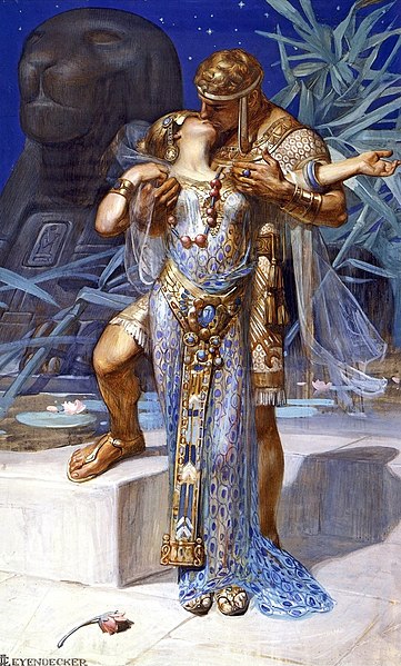 Queen Cleopatra and Mark Anthony in an embrace.