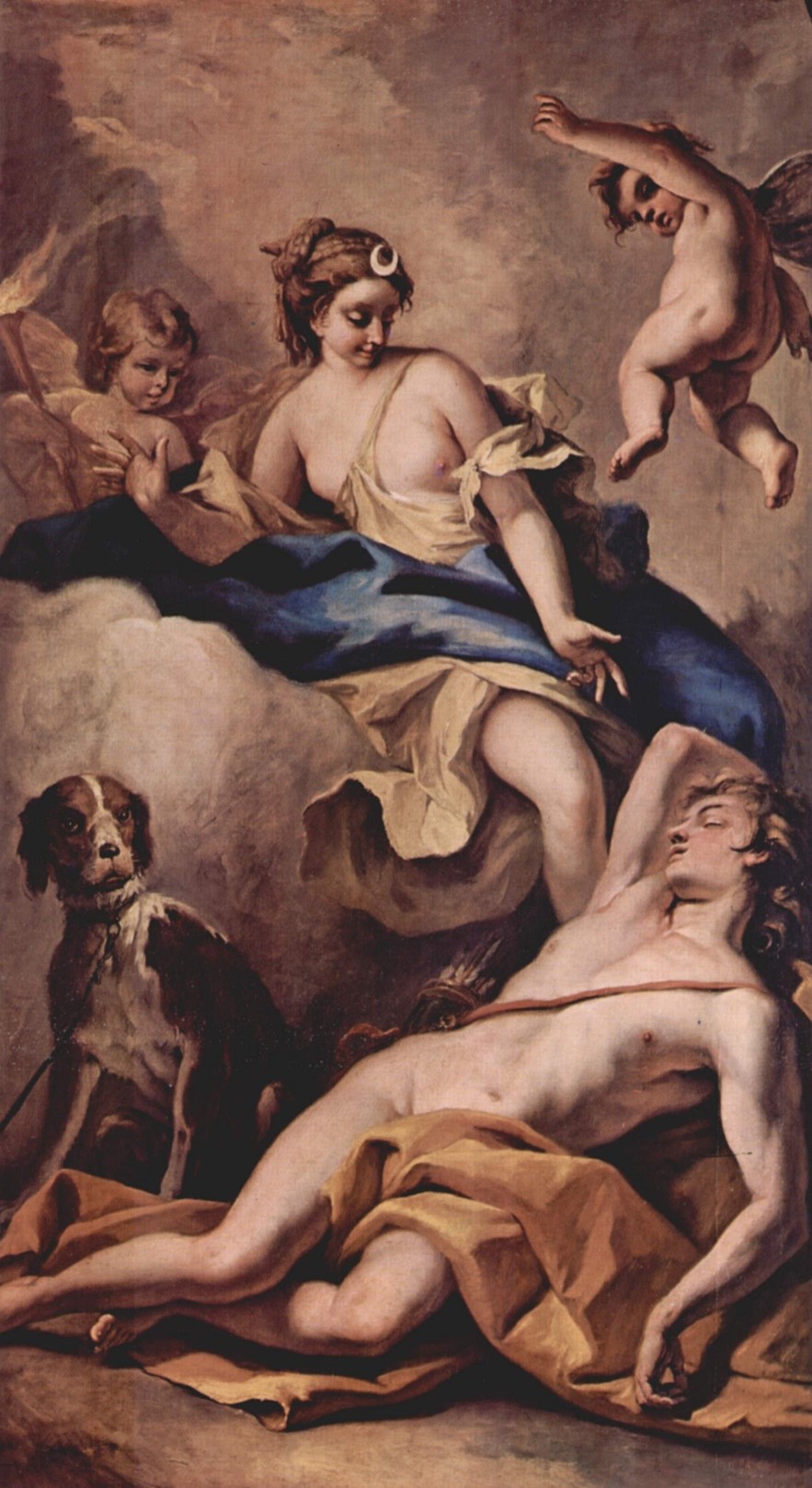 A painting of Diane (Luna), Endymion and cherubs. Endymion is laying down next to a dog sitting upright.