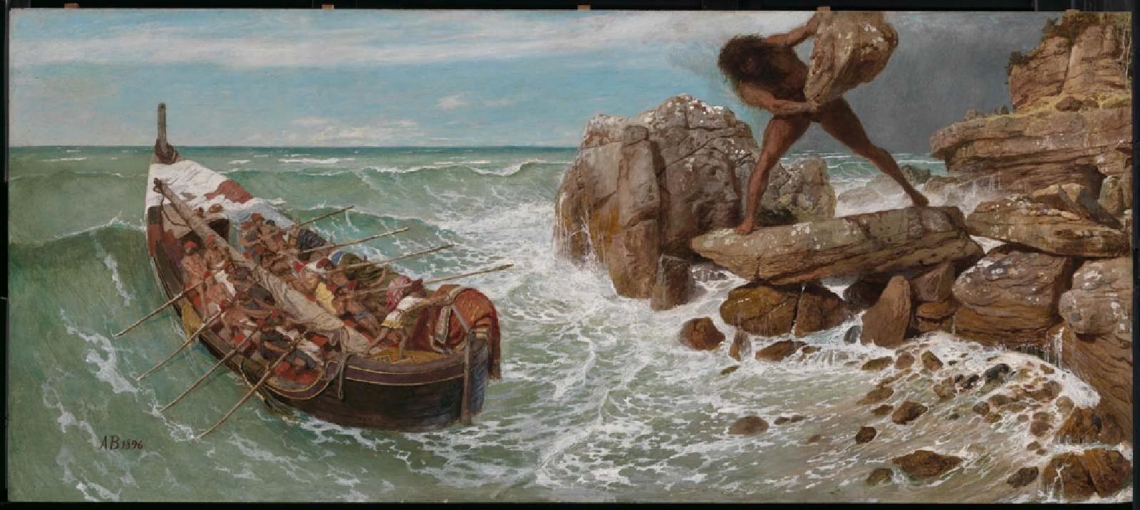 A painting of a large row boat with many soldiers inside of it. To the right of the men in the boat there stands a giant holding a rock ready to throw at the men in the water.