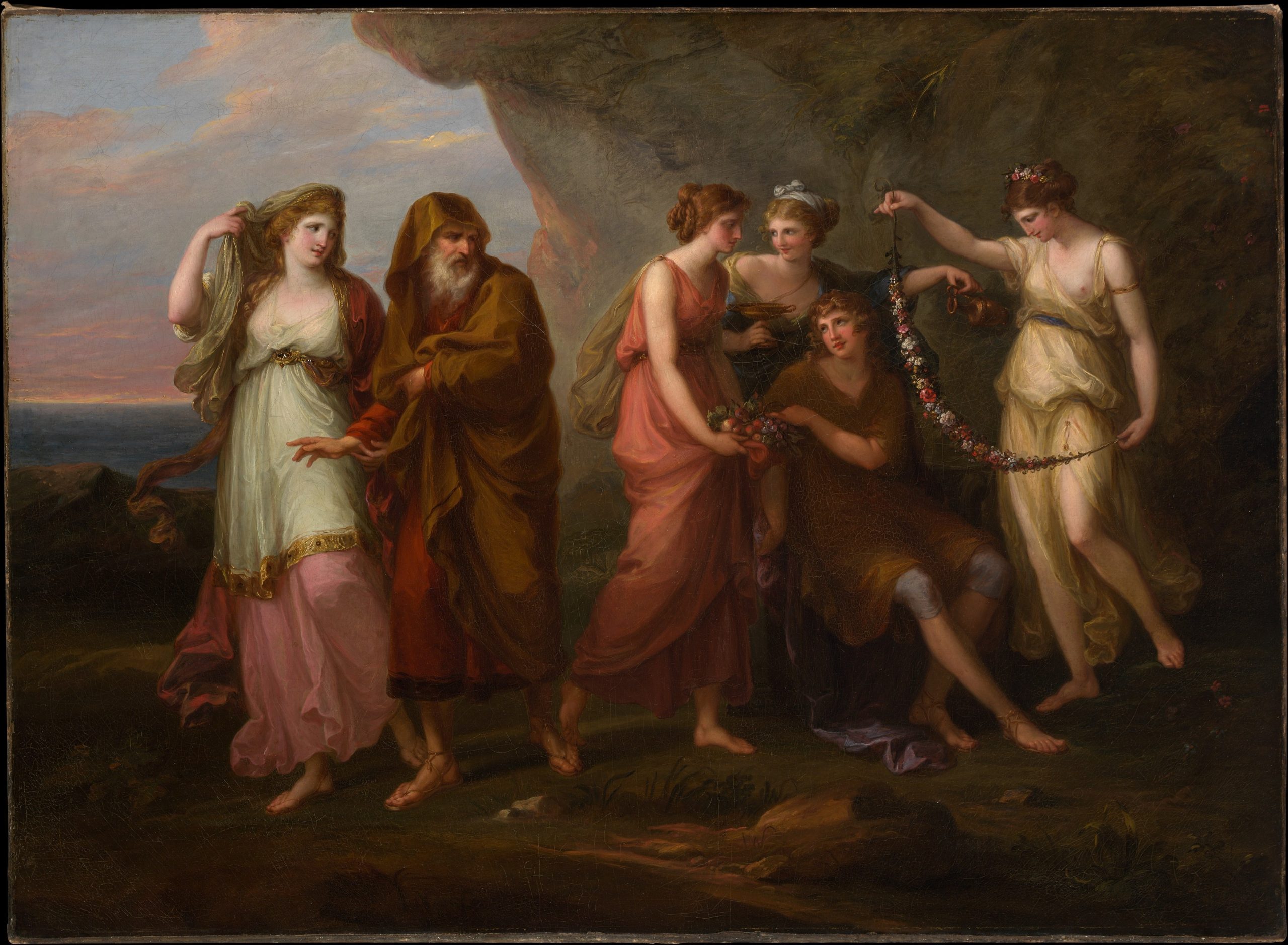 A painting of five women dressed in whimsical garb of varying colours. The women are accompanied by one man dressed in a long brown hooded cloak.