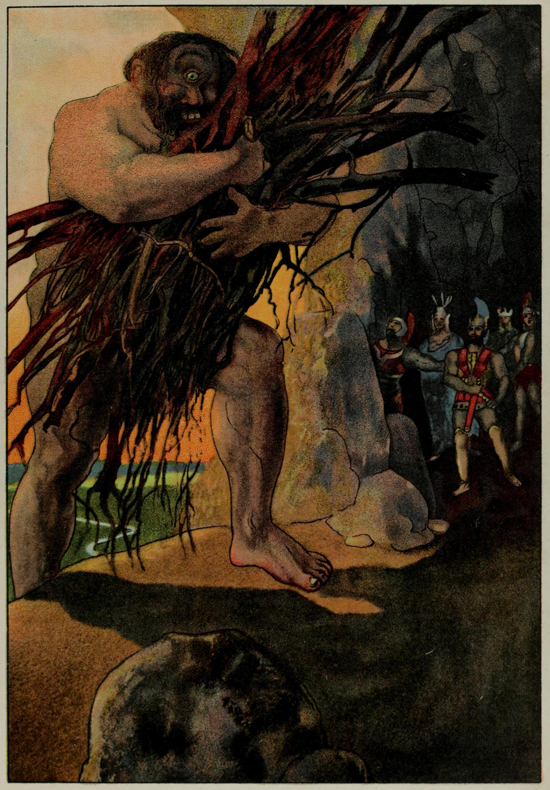 An image of a cyclops standing near a group of soldiers hiding in a cave.