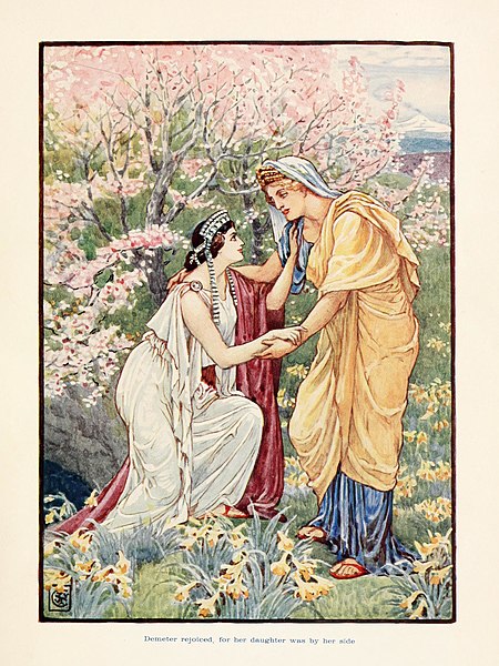 A painting of two figures in a bountiful garden of flowers. Both appearing feminine in nature, holding each other in a playful manner.