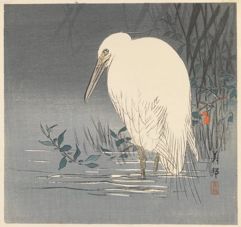 A painting of a white heron standing in still water.
