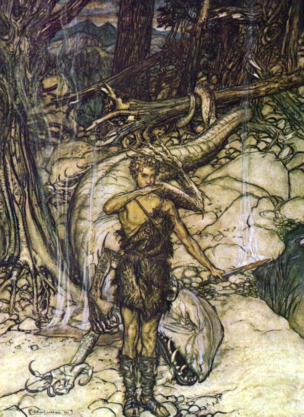 A man holding a dagger standing before a serpent-like beast in the forest