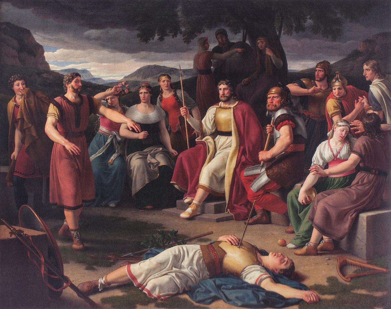 A deceased man with an arrow pierced to his chest lying on the ground surrounded by mournful figures