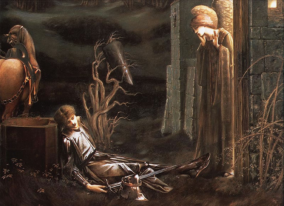 A knight asleep on the ground in front of an angel