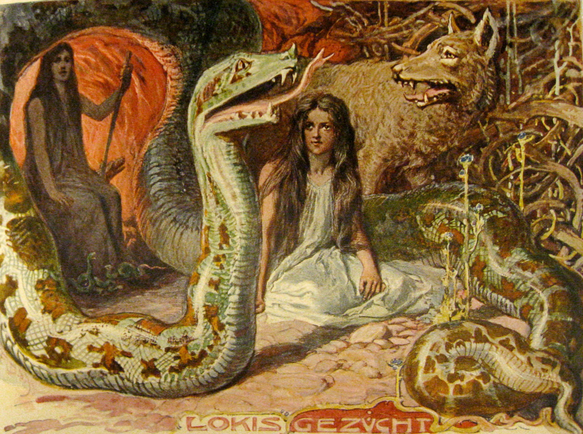 A young girl surrounded by a serpent, wolf, and a ghostly woman
