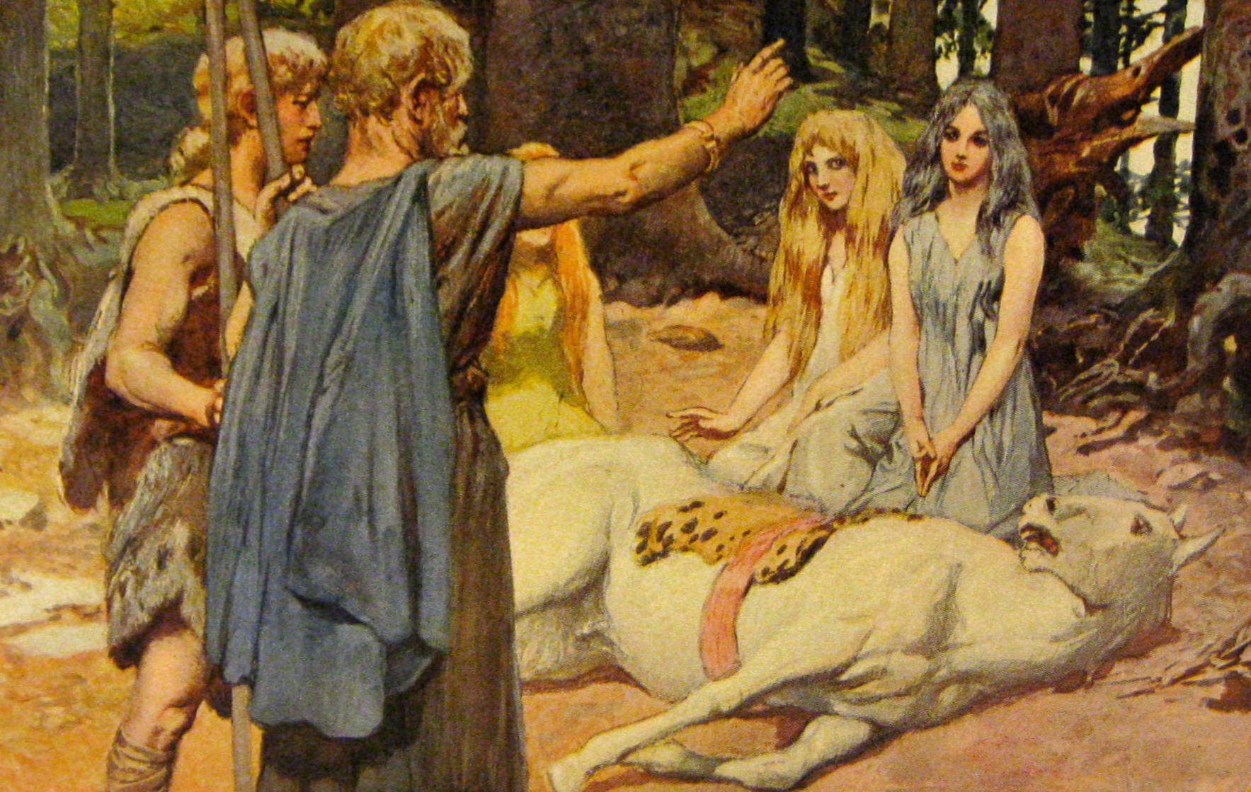 A god heals a wounded horse as three goddesses watch nearby