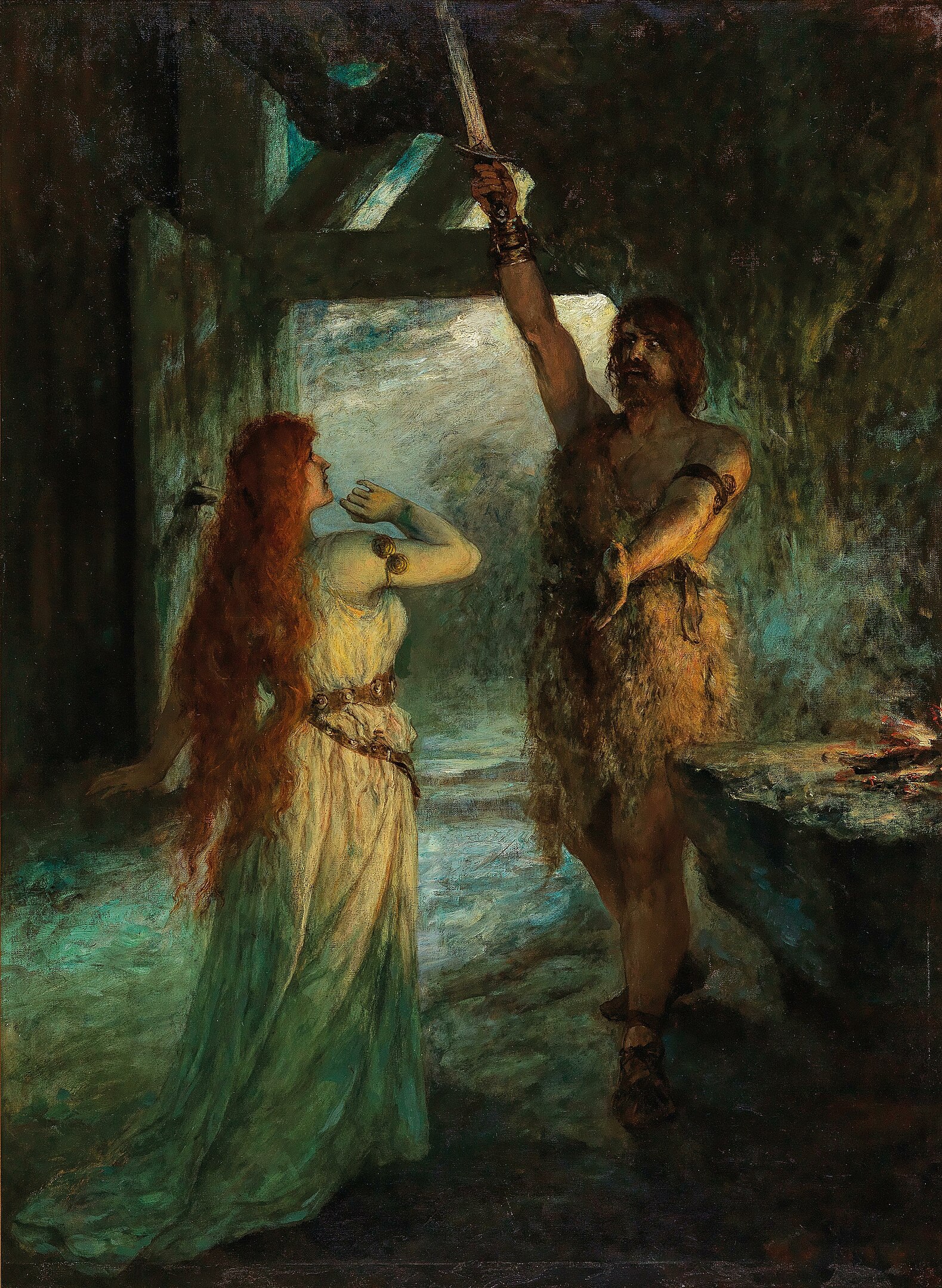 A man raising a sword before a woman inside a dim shack