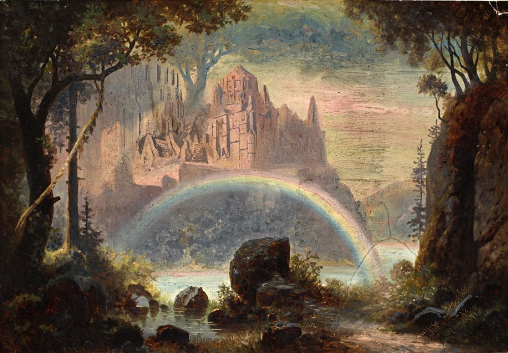 A classical landscape with a rainbow and a castle in the background