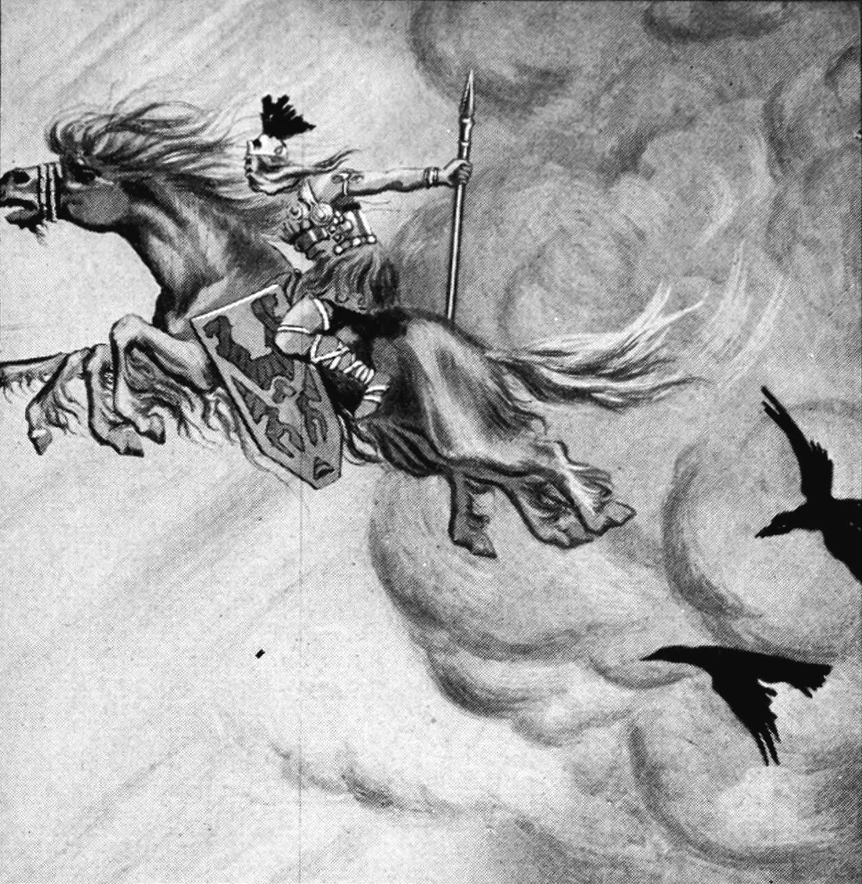 A knight riding a horse into a grey mist