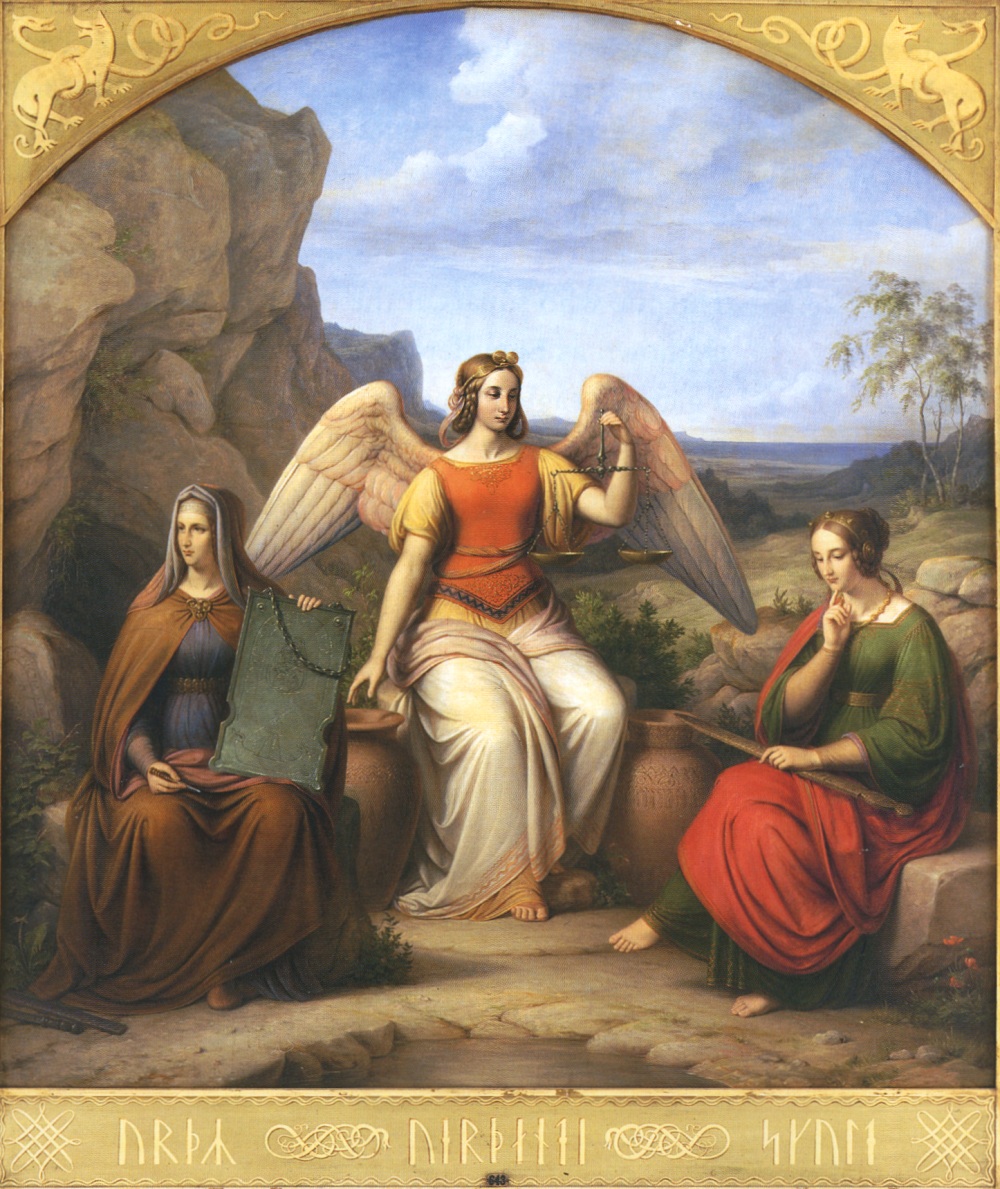 Three goddesses seated within a classical landscape