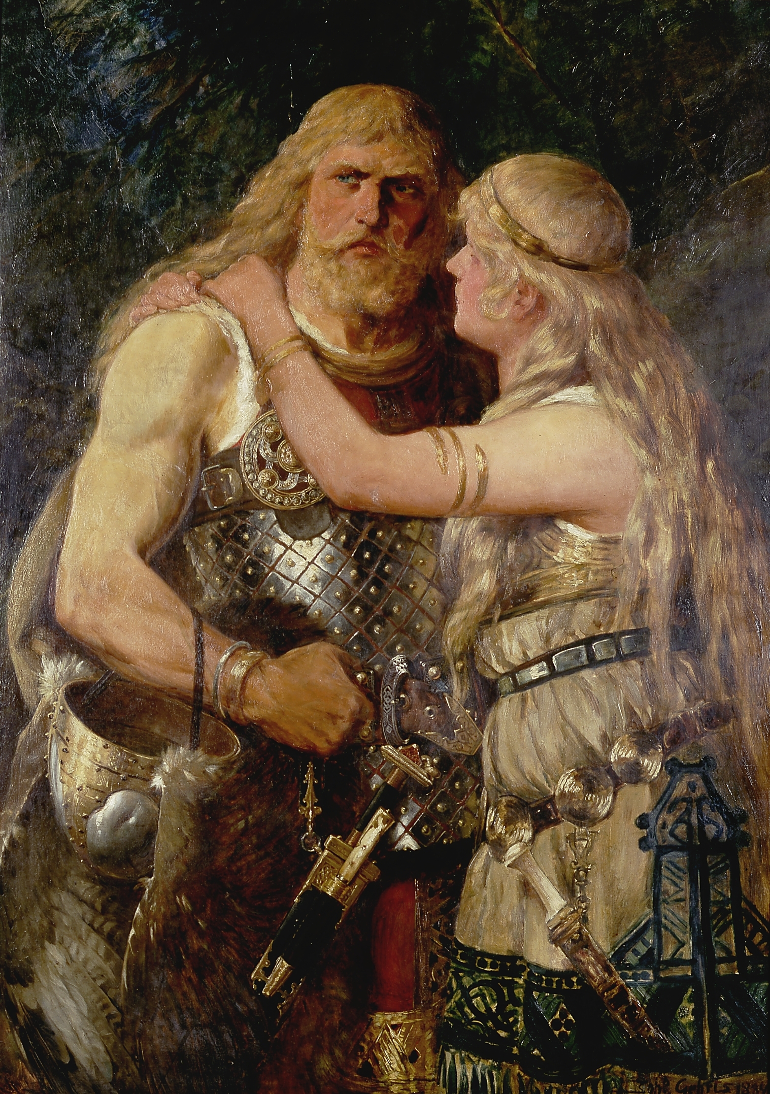 A warrior saying farewell to his wife before heading off to battle
