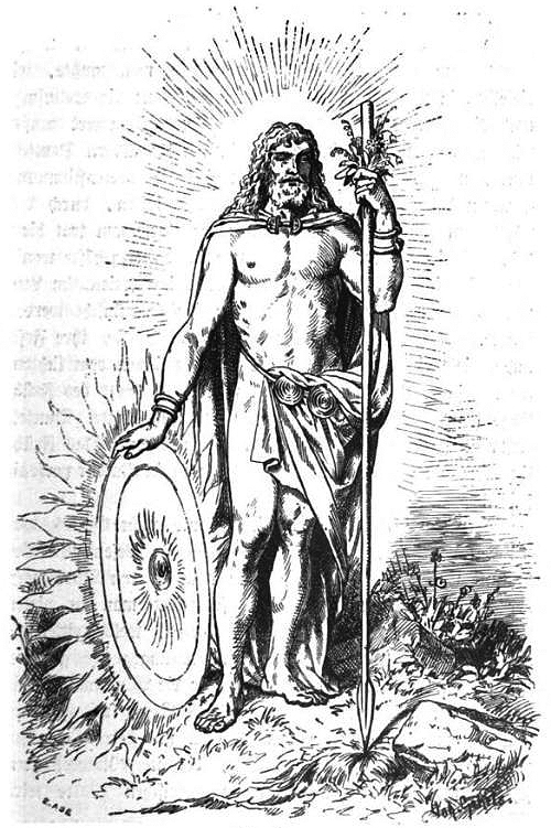 An illustration of a god holding a spear and shield