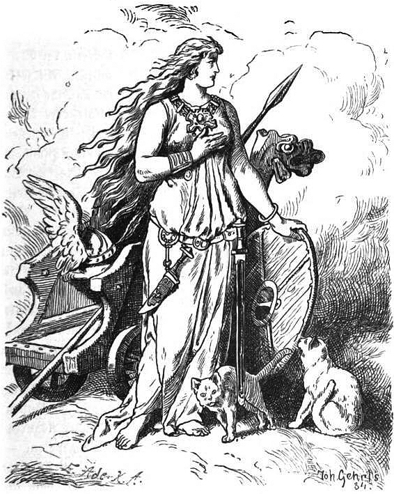 A goddess resting her hand upon a shield with her cats