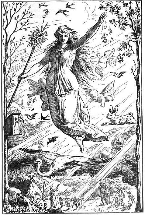 A goddess flying through a natural landscape surrounded by infant angels, beams of light, and animals