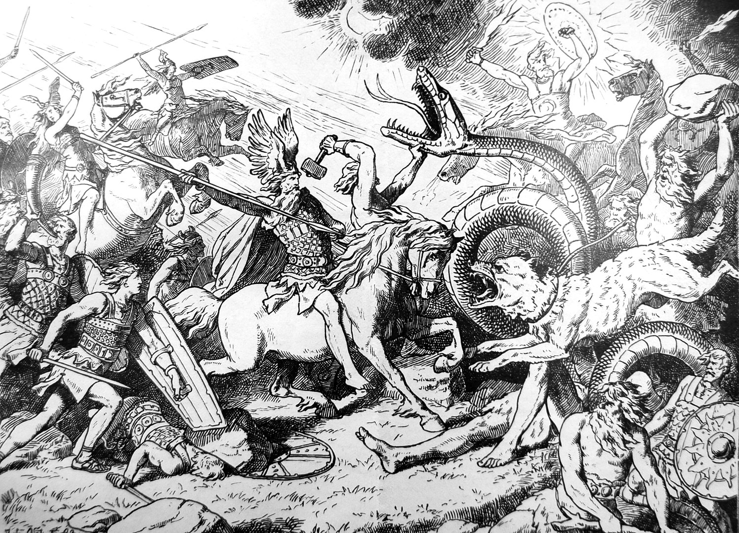 Warriors on horseback battling serpents and beasts