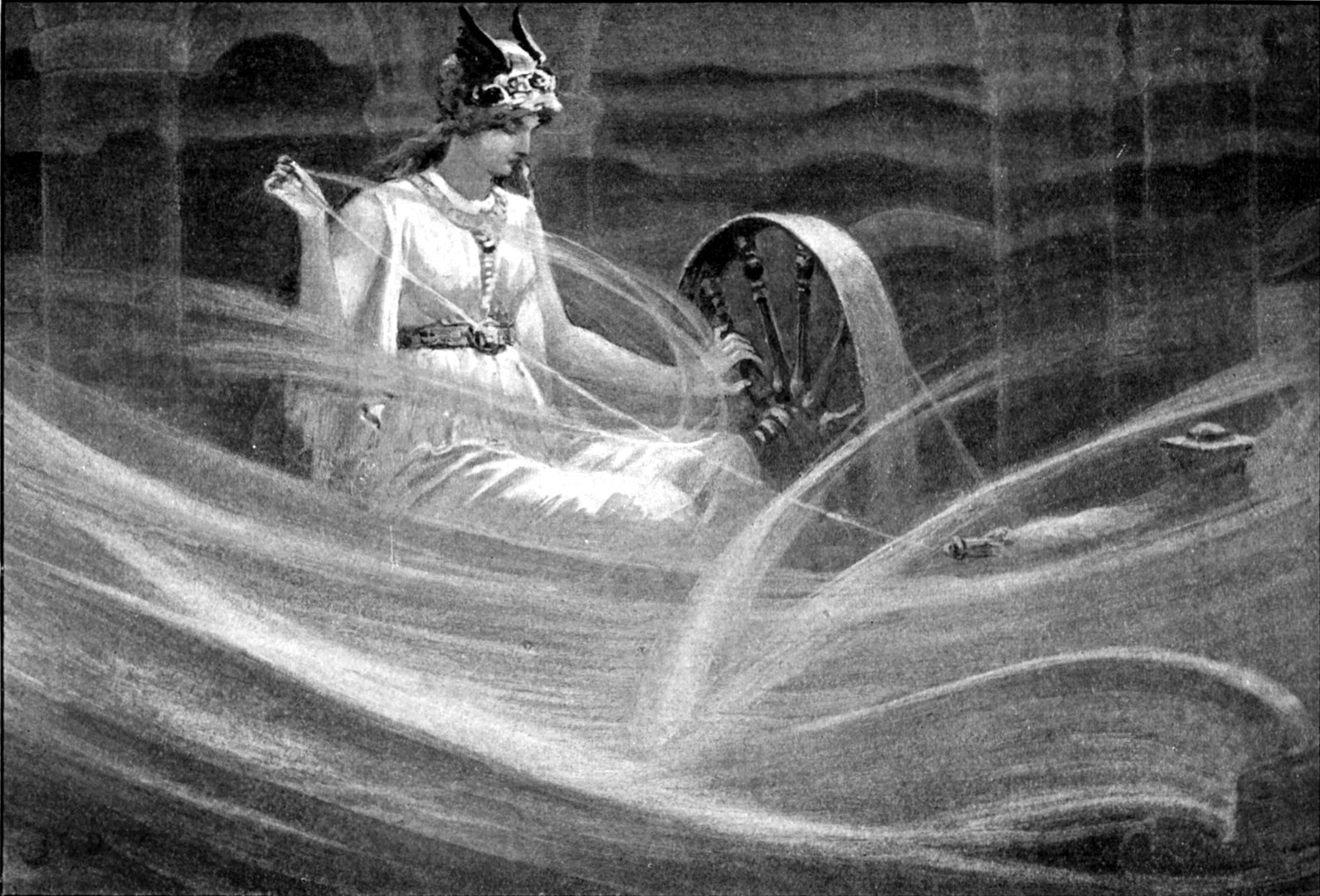A goddess using a wheel to spin clouds