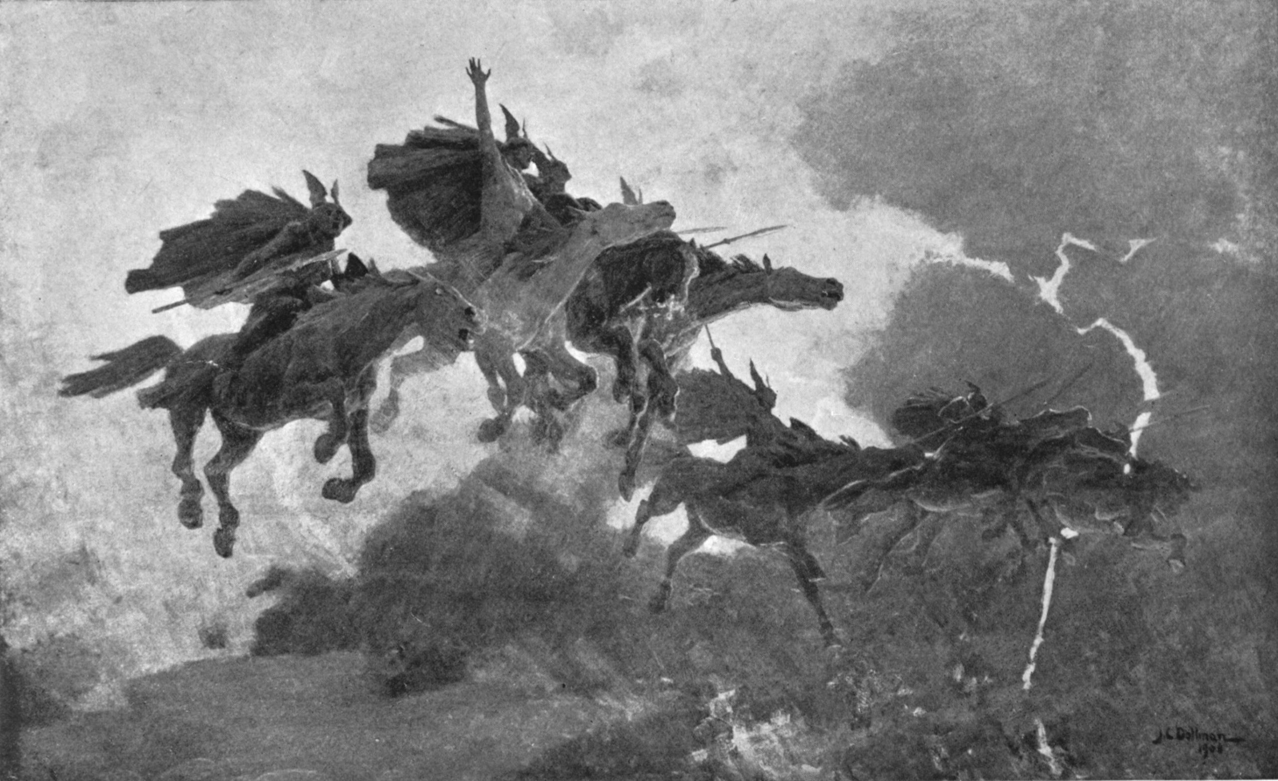 Female warriors riding on horses flying through the clouds