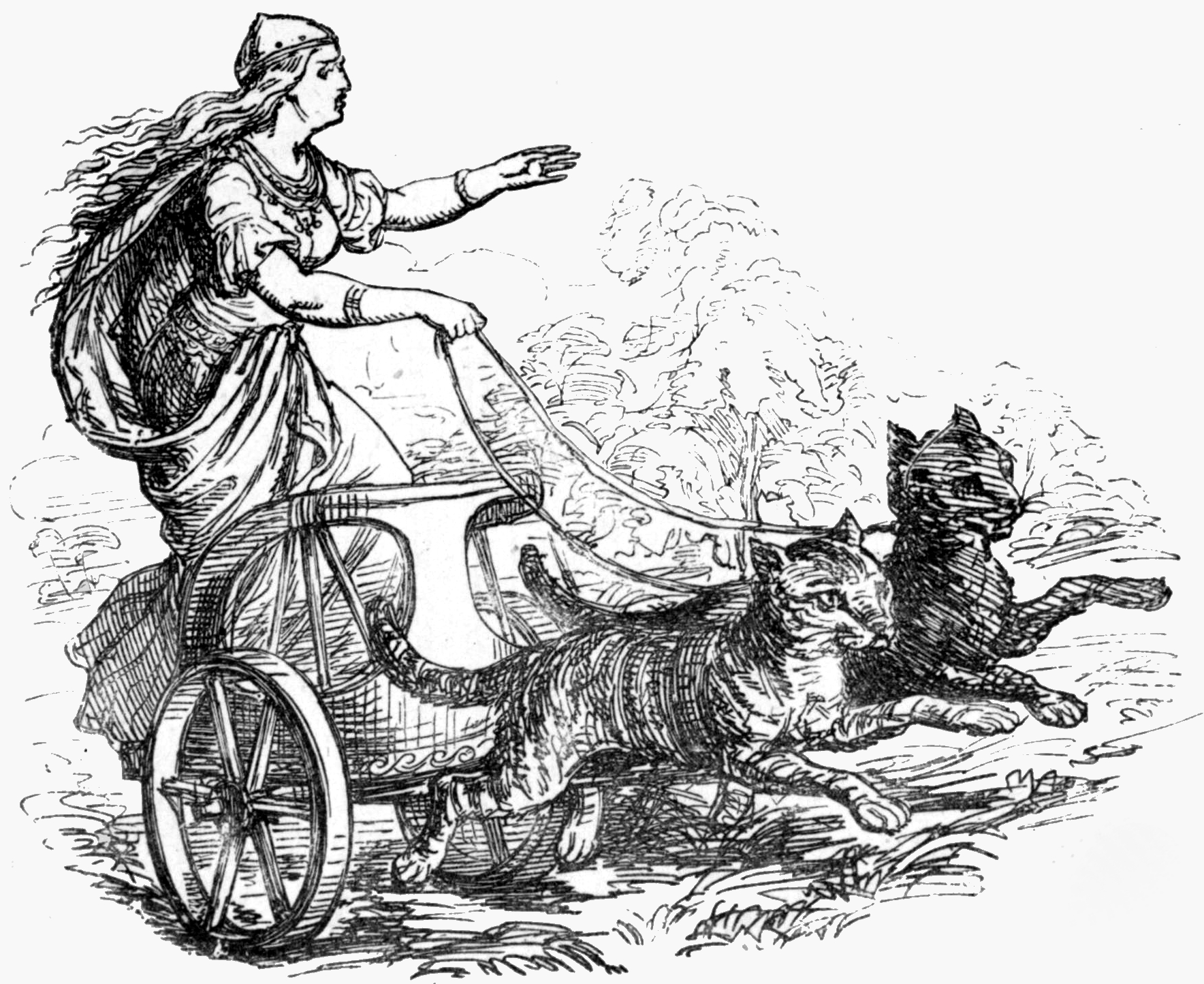 A goddess riding in her wagon pulled by cats