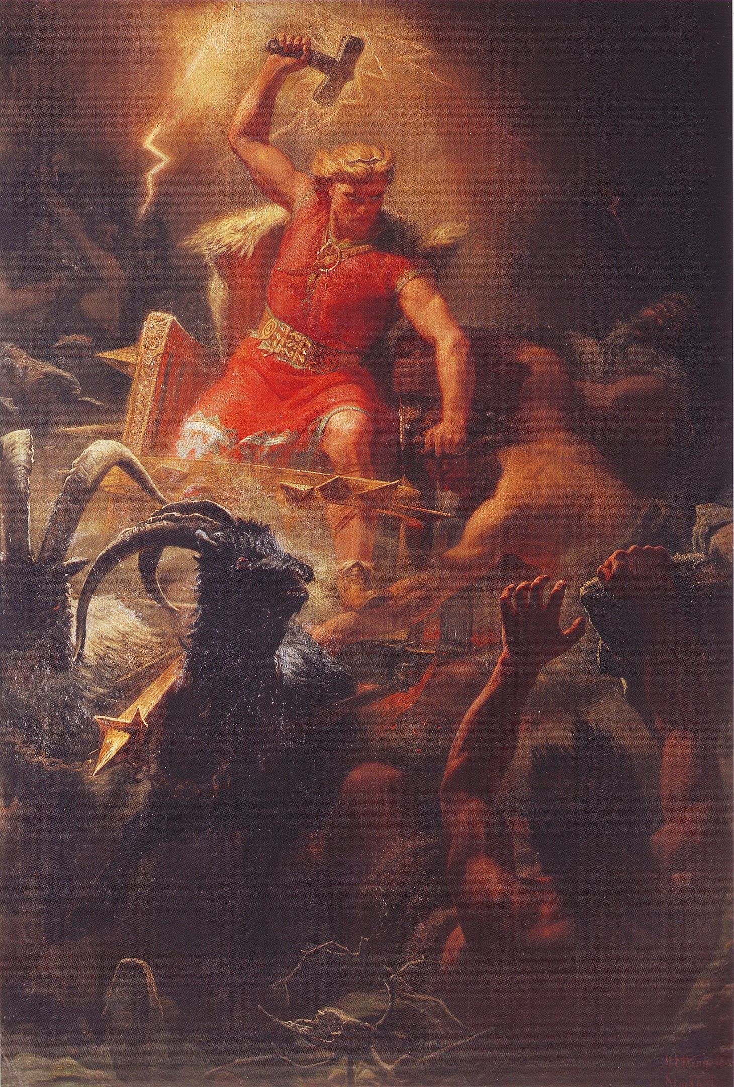 A god raising his hammer and battling with ferocious beasts
