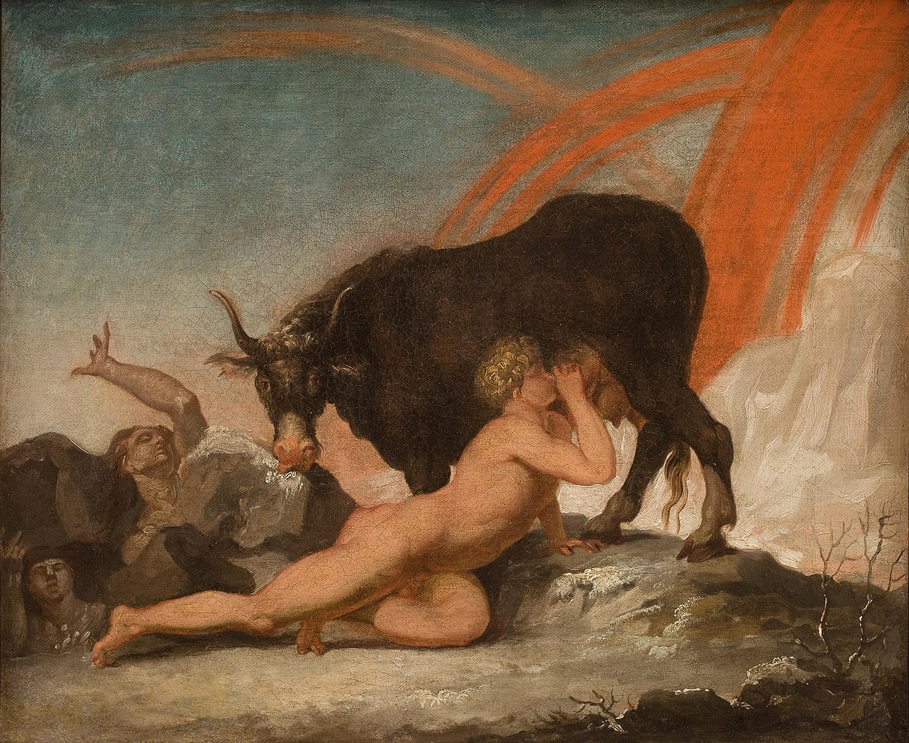 A nude man suckling a cow