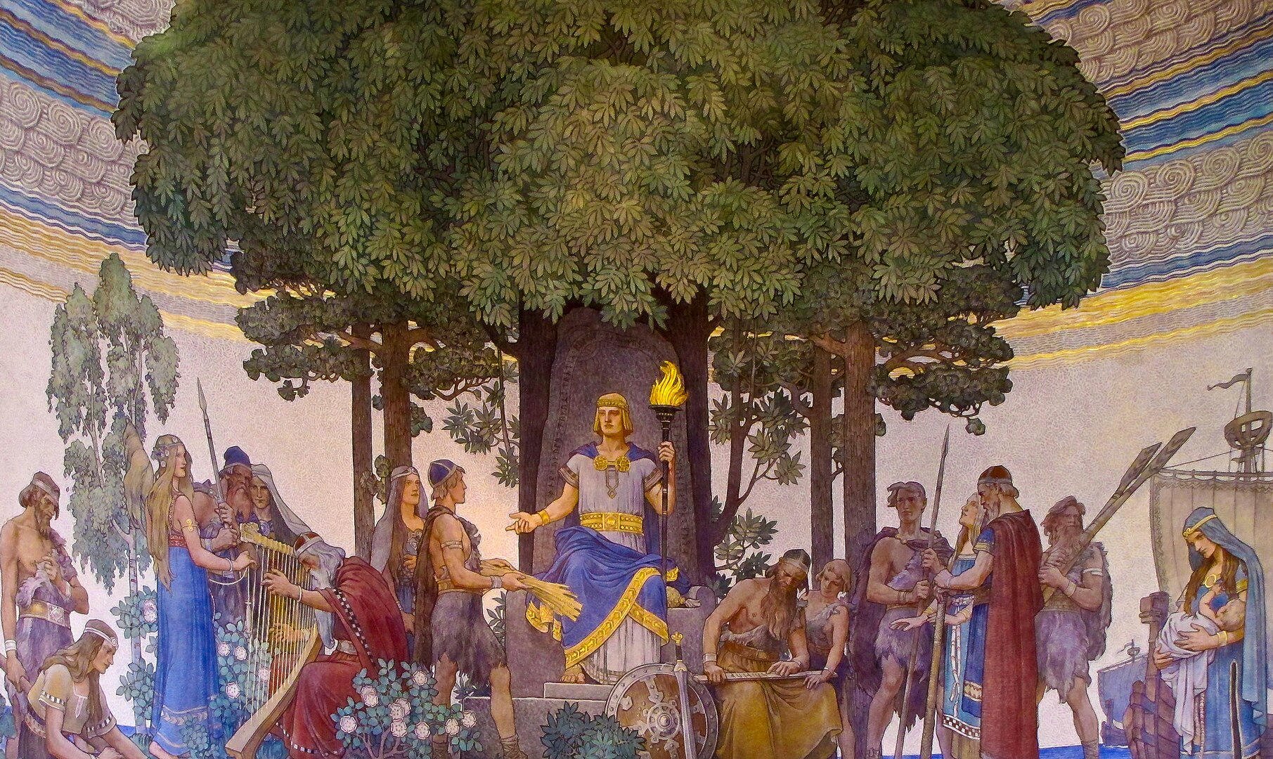A god holding a torch standing under a tree surrounded by various figures