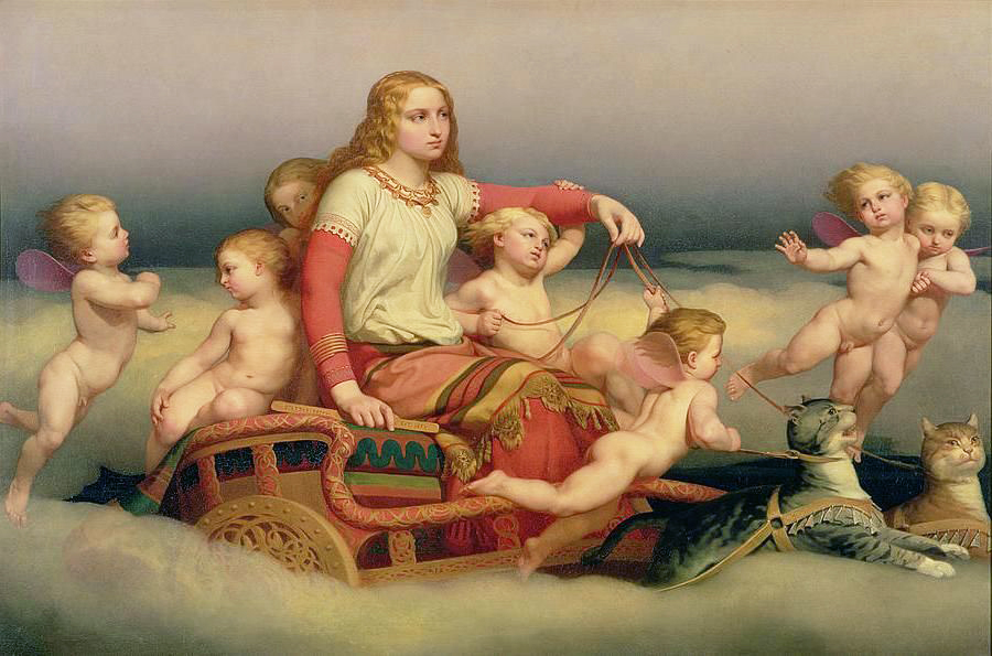 A goddess surrounded by infant angels on a carriage drawn by cats in the clouds